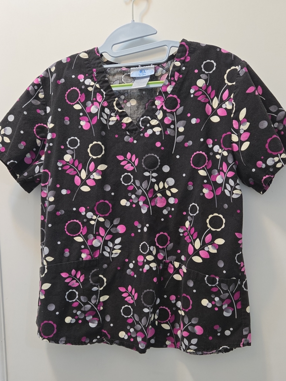 SB Scrubs Black Floral V-Neck Top with Pink & Cream Accents